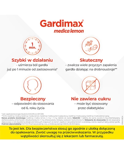 Gardimax Medica Lemon 5 mg + 1 mg tabletki do ssania bez cukru 24 sztuk