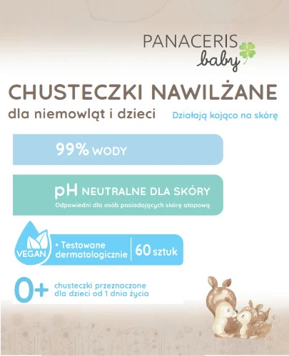 Panaceris Baby chusteczki nawilżane 99% wody dla niemowląt i dzieci 60 sztuk