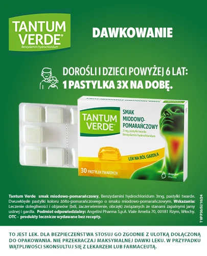 Tantum Verde, smak miodowo-pomarańczowy 3 mg, 30 pastylek twardych