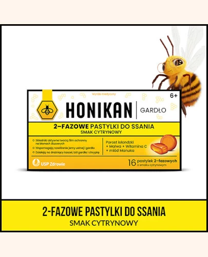 Honikan Gardło, 2-fazowe pastylki do ssania smak cytrynowy, 16 sztuk